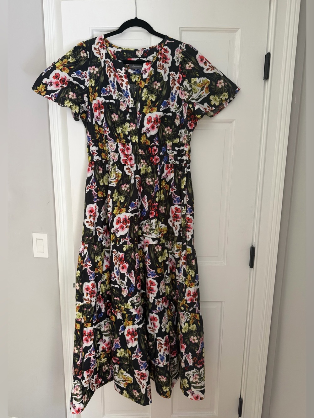 Anthropologie Somerset Black Floral Tiered Maxi Dress L